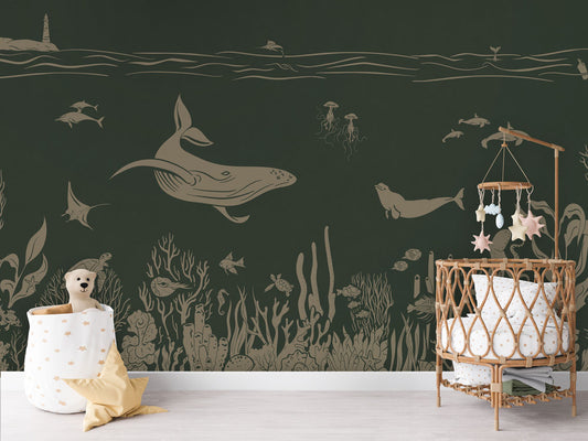 Monochrome Sea - Green Vintage luxury wallpaper in kids room interior — Artehub Egypt