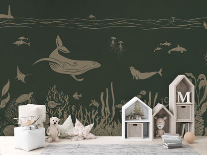 Monochrome Sea - Green Vintage luxury wallpaper in kids room interior — Artehub Egypt