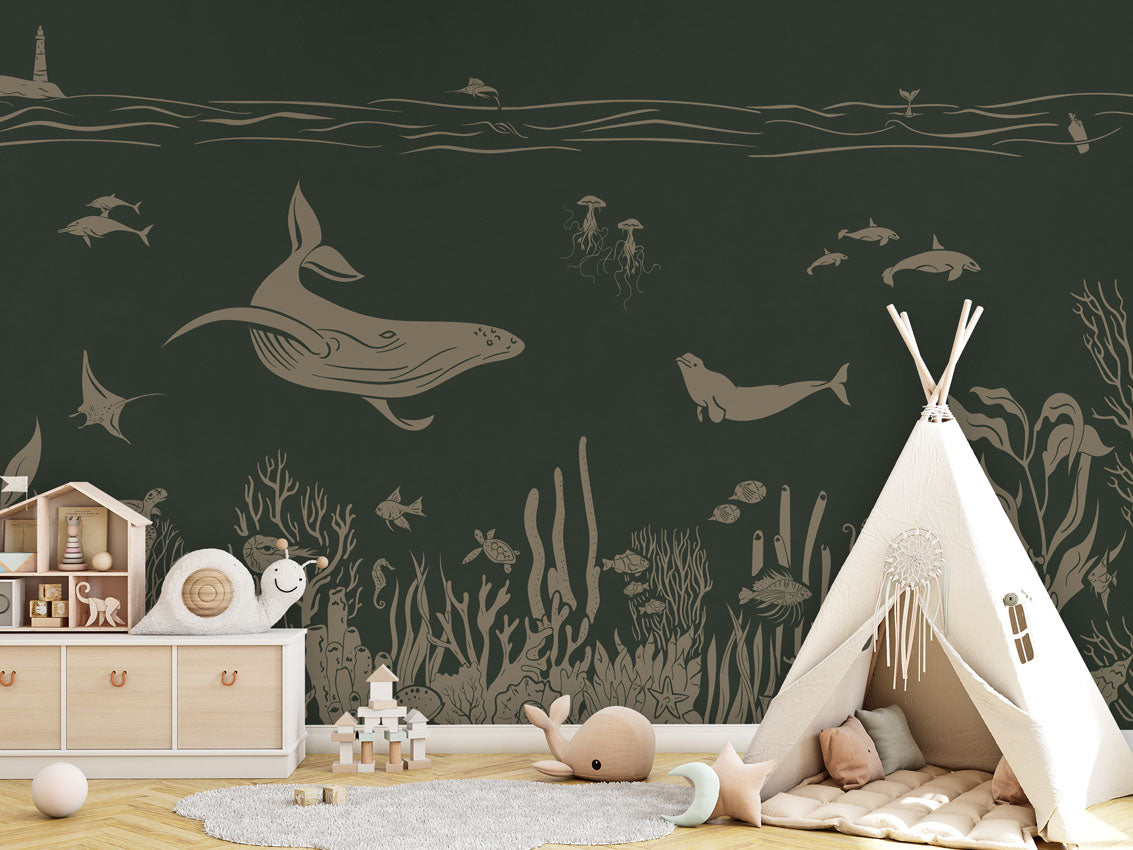 Monochrome Sea - Green Vintage luxury wallpaper in kids room interior — Artehub Egypt