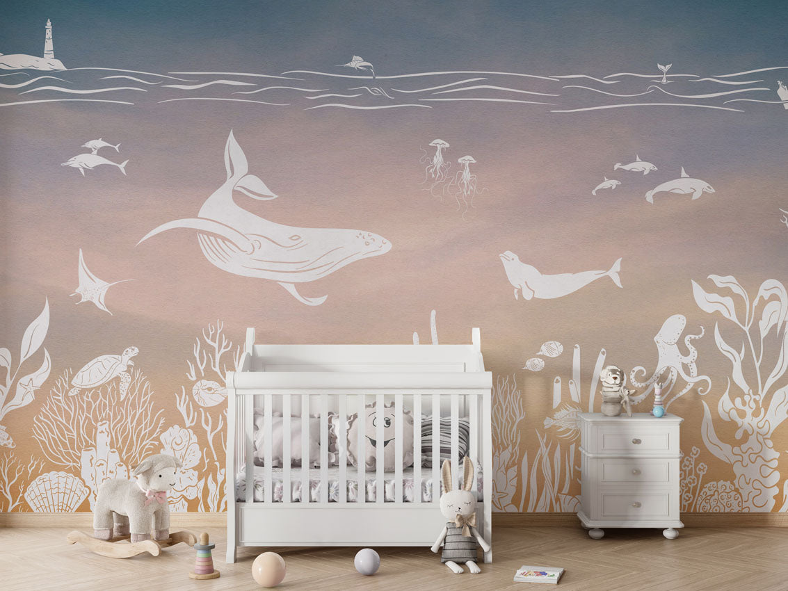 Monochrome Sea - Pink Aqua luxury wallpaper in kids room interior — Artehub Egypt
