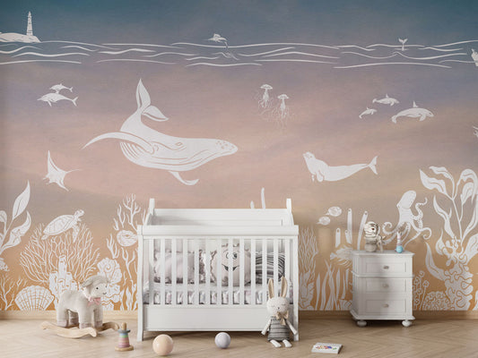 Monochrome Sea - Pink Aqua luxury wallpaper in kids room interior — Artehub Egypt