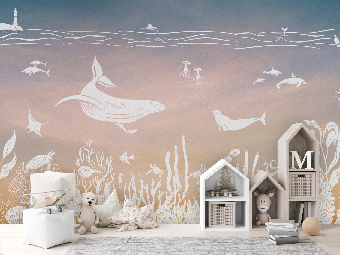 Monochrome Sea - Pink Aqua luxury wallpaper in kids room interior — Artehub Egypt