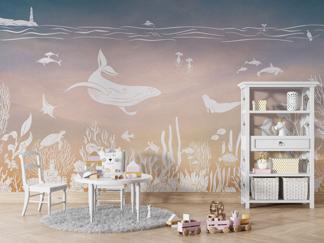 Monochrome Sea - Pink Aqua luxury wallpaper in kids room interior — Artehub Egypt