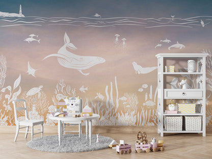Monochrome Sea - Pink Aqua luxury wallpaper in kids room interior — Artehub Egypt