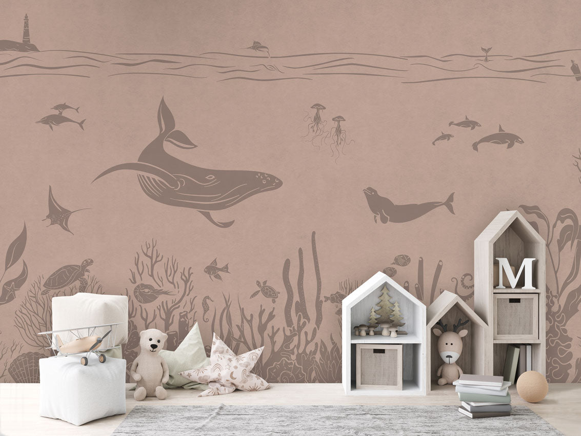Monochrome Sea - Pink Vintage luxury wallpaper in kids room interior — Artehub Egypt