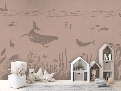 Monochrome Sea - Pink Vintage luxury wallpaper in kids room interior — Artehub Egypt