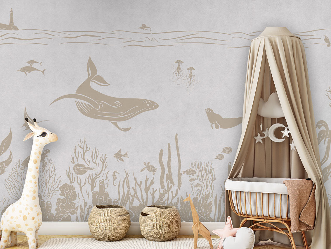 Monochrome Sea - White Vintage luxury wallpaper in kids room interior — Artehub Egypt