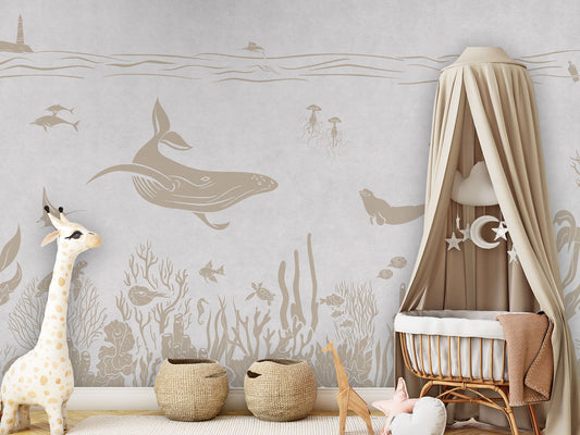 Monochrome Sea - White Vintage luxury wallpaper in kids room interior — Artehub Egypt