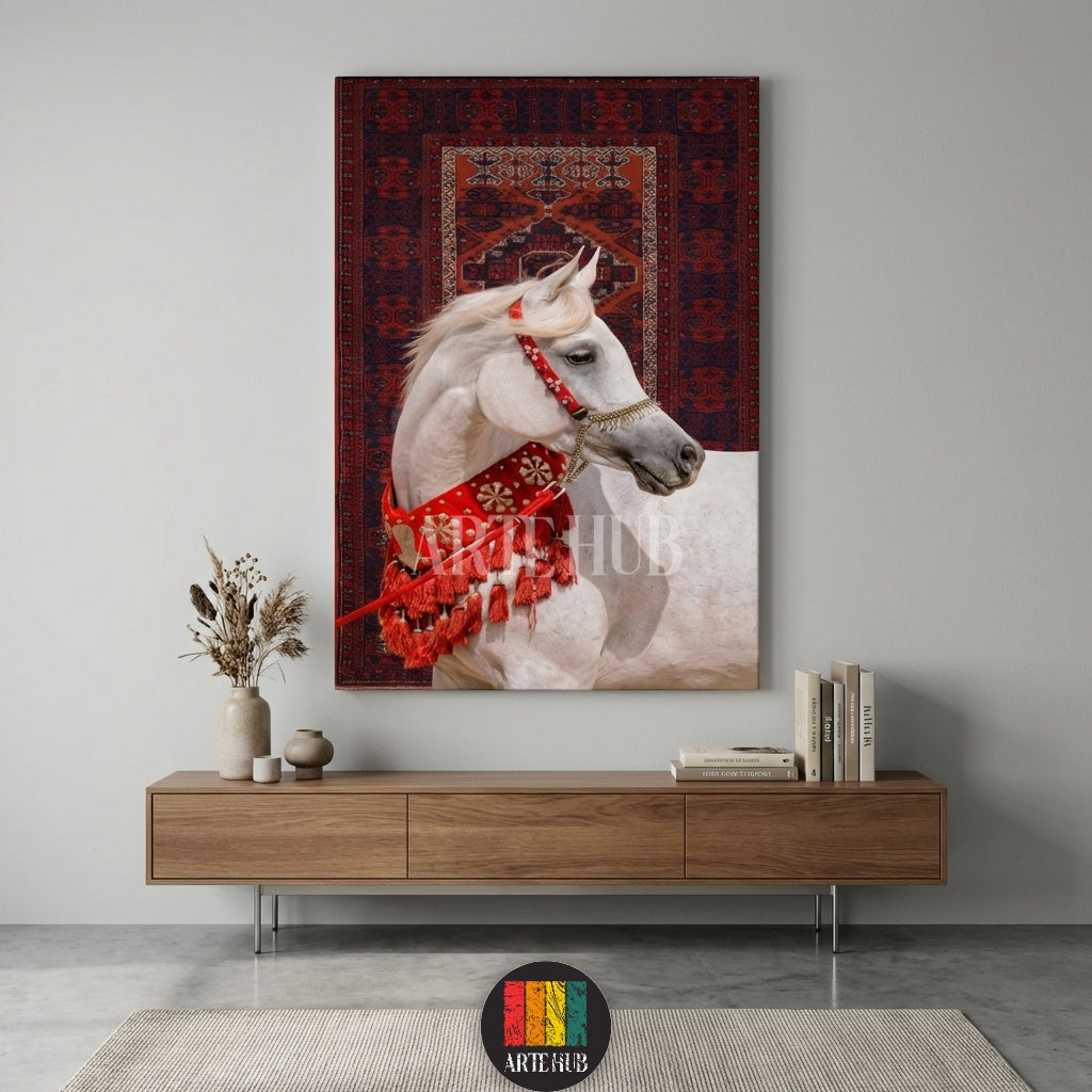 A large canvas print featuring a majestic white Arabian horse, adorned with a rich red traditional ceremonial harness with tassels, set against a dark red patterned rug background. This elegant piece of wall art is perfect for enhancing modern and traditional homes in Egypt, adding a touch of sophisticated Egyptian decor.
تابلوه كبير يظهر حصان عربي أبيض مهيب مزين بزينة حمراء تقليدية ذات شراشيب، وخلفية من سجادة بنقوش حمراء داكنة. مثالي لتعزيز الديكورات المنزلية العصرية والتقليدية في مصر، ويضيف لمسة من الفخام