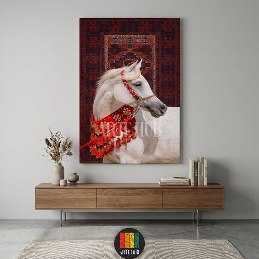 A large canvas print featuring a majestic white Arabian horse, adorned with a rich red traditional ceremonial harness with tassels, set against a dark red patterned rug background. This elegant piece of wall art is perfect for enhancing modern and traditional homes in Egypt, adding a touch of sophisticated Egyptian decor.
تابلوه كبير يظهر حصان عربي أبيض مهيب مزين بزينة حمراء تقليدية ذات شراشيب، وخلفية من سجادة بنقوش حمراء داكنة. مثالي لتعزيز الديكورات المنزلية العصرية والتقليدية في مصر، ويضيف لمسة من الفخام