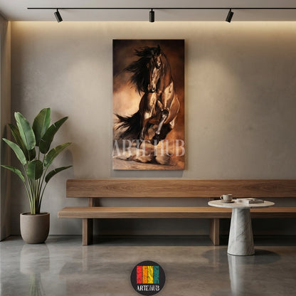 A dynamic canvas print featuring a magnificent brown horse with flowing mane and tail, galloping amidst a dusty, warm-toned background. This elegant piece of wall art is perfect for enhancing modern interior designs in Egypt, adding a sense of freedom and power to any living space.
تابلوه كانفاس فخم يصور حصانًا بنيًا قويًا بشعر متطاير وهو يركض في بيئة ترابية بألوان دافئة. مثالي كديكور حائط عصري لمنزلك في مصر، يضيف لمسة من القوة والجمال.