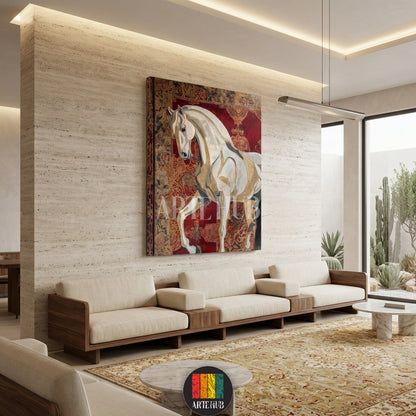 Detailed image of a majestic white horse painting on canvas, featuring an abstract style with gold and grey tones against a rich red and patterned background, artfully displayed as elegant wall art in a modern Egyptian living room. Perfect for luxury home decor in Egypt.
صورة تفصيلية لتابلوه حصان أبيض مهيب على كانفاس، بتصميم تجريدي يمزج بين درجات الذهبي والرمادي على خلفية حمراء غنية ومنقوشة، معروض كديكور حائط أنيق في غرفة معيشة عصرية في مصر. مثالي لديكورات المنازل الفاخرة في مصر.
