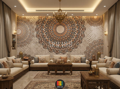A serene majles room with a large, earthy-toned bohemian mandala wallpaper on the main wall, featuring intricate patterns in beige, brown, and light blue, enhancing modern Egyptian home decor.
غرفة مجلس هادئة مزينة بورق حائط ماندالا بوهيمي بألوان ترابية على الجدار الرئيسي، يظهر تصميمًا معقدًا بألوان البيج والبني والأزرق الفاتح، لإضفاء لمسة ديكور مصرية عصرية.
room: majles room