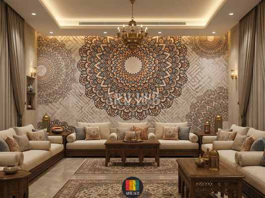 A serene majles room with a large, earthy-toned bohemian mandala wallpaper on the main wall, featuring intricate patterns in beige, brown, and light blue, enhancing modern Egyptian home decor.
غرفة مجلس هادئة مزينة بورق حائط ماندالا بوهيمي بألوان ترابية على الجدار الرئيسي، يظهر تصميمًا معقدًا بألوان البيج والبني والأزرق الفاتح، لإضفاء لمسة ديكور مصرية عصرية.
room: majles room