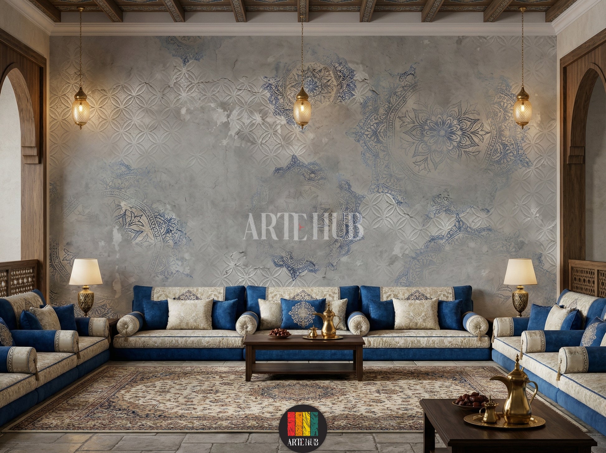 Grey wallpaper featuring subtle embossed geometric patterns and faded blue mandala designs in a modern majles room in Egypt. Includes a black sofa, armchair, and gold chandelier, perfect for contemporary Egyptian home decor.
ورق حائط رمادي بتصميم ماندالا أزرق ونقوش بارزة في غرفة معيشة عصرية بمصر. يظهر أريكة سوداء، كرسي بذراعين، وثريا ذهبية، مناسب لديكورات المنازل الحديثة في مصر.
room: majles room