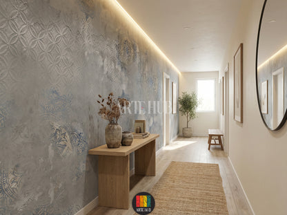 Grey wallpaper featuring subtle embossed geometric patterns and faded blue mandala designs in a modern hallway in Egypt. Includes a black sofa, armchair, and gold chandelier, perfect for contemporary Egyptian home decor.
ورق حائط رمادي بتصميم ماندالا أزرق ونقوش بارزة في ممر عصري بمصر. يظهر أريكة سوداء، كرسي بذراعين، وثريا ذهبية، مناسب لديكورات المنازل الحديثة في مصر.
room: hallway