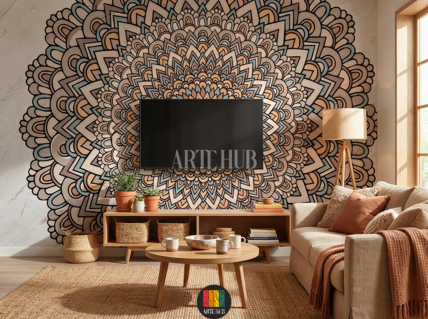 A vibrant, intricate Mandala pattern wallpaper adorning a living room wall in an Egyptian home, featuring a beige sofa, wooden coffee table, and natural light from a window. Perfect for bohemian or modern Egyptian decor.
ورق حائط بتصميم ماندالا حيوي وملون يغطي جدار غرفة معيشة أنيقة في منزل مصري، مع أريكة بيج وطاولة قهوة خشبية وشباك خشبي. مثالي لديكورات مصرية عصرية.
room: tv