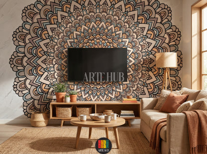 A vibrant, intricate Mandala pattern wallpaper adorning a living room wall in an Egyptian home, featuring a beige sofa, wooden coffee table, and natural light from a window. Perfect for bohemian or modern Egyptian decor.
ورق حائط بتصميم ماندالا حيوي وملون يغطي جدار غرفة معيشة أنيقة في منزل مصري، مع أريكة بيج وطاولة قهوة خشبية وشباك خشبي. مثالي لديكورات مصرية عصرية.
room: tv