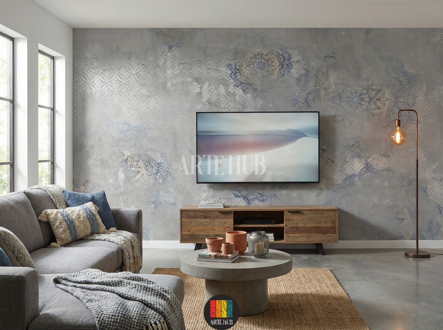 Grey wallpaper featuring subtle embossed geometric patterns and faded blue mandala designs in a modern tv room in Egypt. Includes a black sofa, armchair, and gold chandelier, perfect for contemporary Egyptian home decor.
ورق حائط رمادي بتصميم ماندالا أزرق ونقوش بارزة في غرفة معيشة عصرية بمصر. يظهر أريكة سوداء، كرسي بذراعين، وثريا ذهبية، مناسب لديكورات المنازل الحديثة في مصر.
room: tv