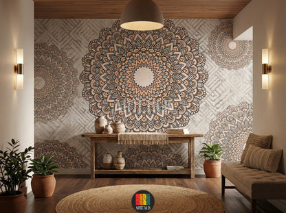 A serene hallway with a large, earthy-toned bohemian mandala wallpaper on the main wall, featuring intricate patterns in beige, brown, and light blue, enhancing modern Egyptian home decor.
ممر هادئ مزين بورق حائط ماندالا بوهيمي بألوان ترابية على الجدار الرئيسي، يظهر تصميمًا معقدًا بألوان البيج والبني والأزرق الفاتح، لإضفاء لمسة ديكور مصرية عصرية.
room: hallway