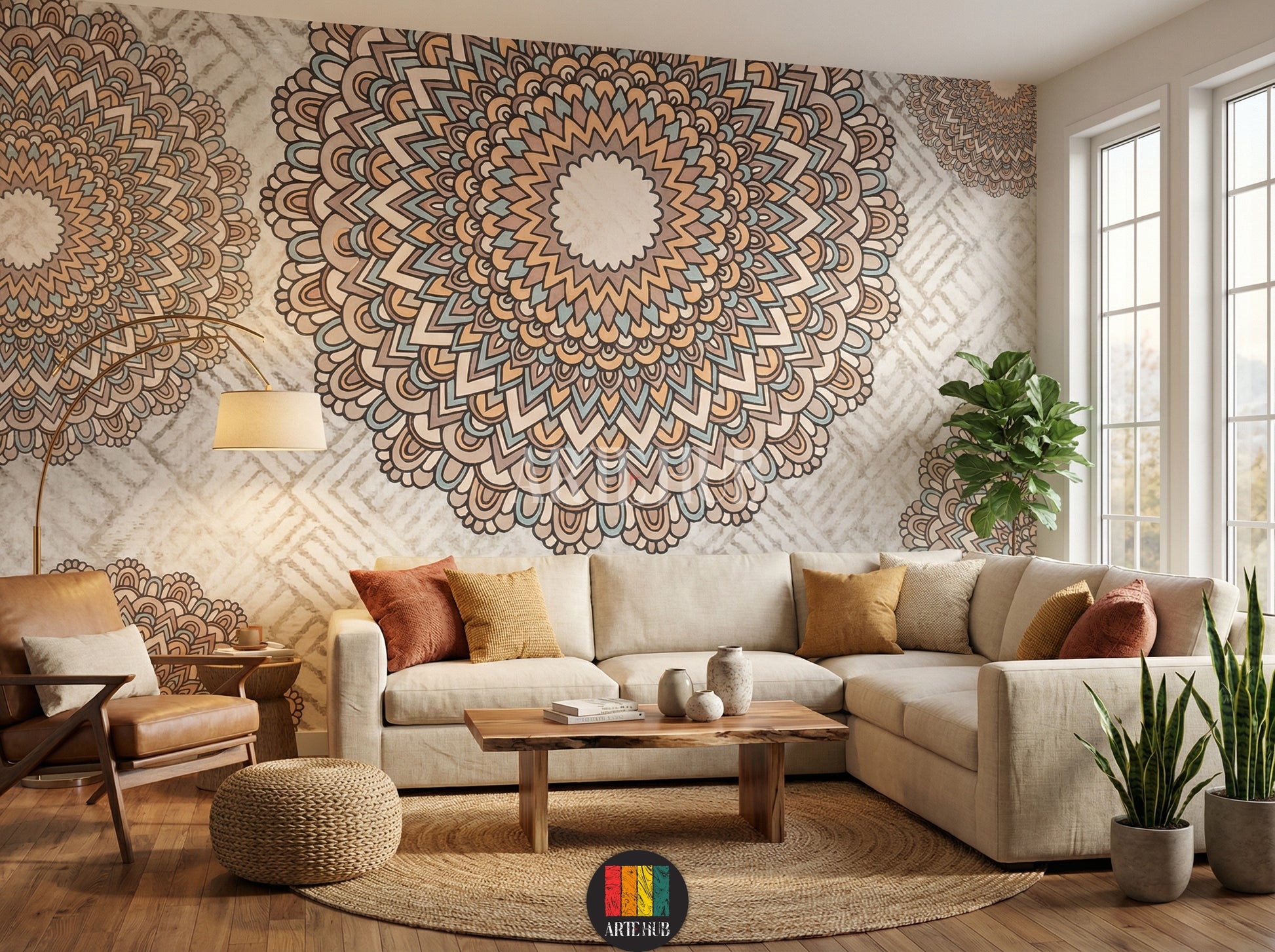 A serene living room with a large, earthy-toned bohemian mandala wallpaper on the main wall, featuring intricate patterns in beige, brown, and light blue, enhancing modern Egyptian home decor.
غرفة معيشة هادئة مزينة بورق حائط ماندالا بوهيمي بألوان ترابية على الجدار الرئيسي، يظهر تصميمًا معقدًا بألوان البيج والبني والأزرق الفاتح، لإضفاء لمسة ديكور مصرية عصرية.
room: living room