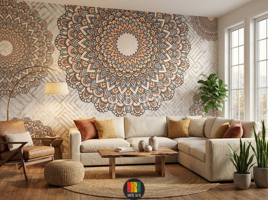 A serene living room with a large, earthy-toned bohemian mandala wallpaper on the main wall, featuring intricate patterns in beige, brown, and light blue, enhancing modern Egyptian home decor.
غرفة معيشة هادئة مزينة بورق حائط ماندالا بوهيمي بألوان ترابية على الجدار الرئيسي، يظهر تصميمًا معقدًا بألوان البيج والبني والأزرق الفاتح، لإضفاء لمسة ديكور مصرية عصرية.
room: living room