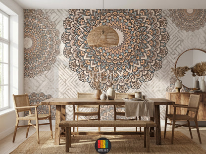 A serene dining room with a large, earthy-toned bohemian mandala wallpaper on the main wall, featuring intricate patterns in beige, brown, and light blue, enhancing modern Egyptian home decor.
غرفة طعام هادئة مزينة بورق حائط ماندالا بوهيمي بألوان ترابية على الجدار الرئيسي، يظهر تصميمًا معقدًا بألوان البيج والبني والأزرق الفاتح، لإضفاء لمسة ديكور مصرية عصرية.
room: dining room