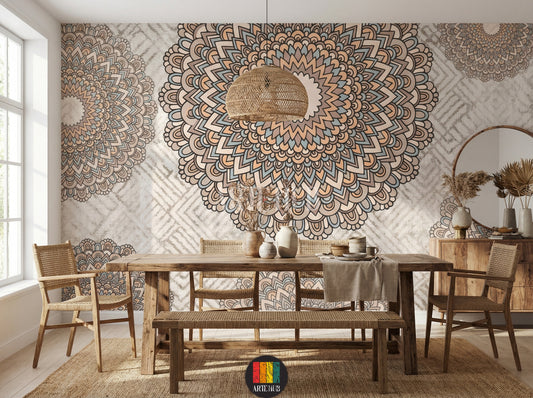 A serene dining room with a large, earthy-toned bohemian mandala wallpaper on the main wall, featuring intricate patterns in beige, brown, and light blue, enhancing modern Egyptian home decor.
غرفة طعام هادئة مزينة بورق حائط ماندالا بوهيمي بألوان ترابية على الجدار الرئيسي، يظهر تصميمًا معقدًا بألوان البيج والبني والأزرق الفاتح، لإضفاء لمسة ديكور مصرية عصرية.
room: dining room