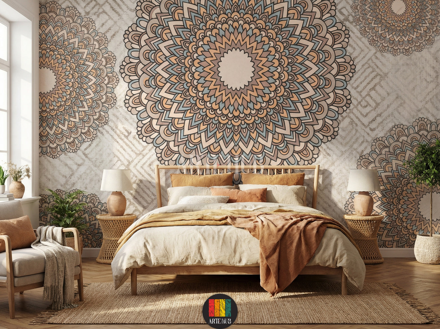 A serene bedroom with a large, earthy-toned bohemian mandala wallpaper on the main wall, featuring intricate patterns in beige, brown, and light blue, enhancing modern Egyptian home decor.
غرفة نوم هادئة مزينة بورق حائط ماندالا بوهيمي بألوان ترابية على الجدار الرئيسي، يظهر تصميمًا معقدًا بألوان البيج والبني والأزرق الفاتح، لإضفاء لمسة ديكور مصرية عصرية.
room: bedroom