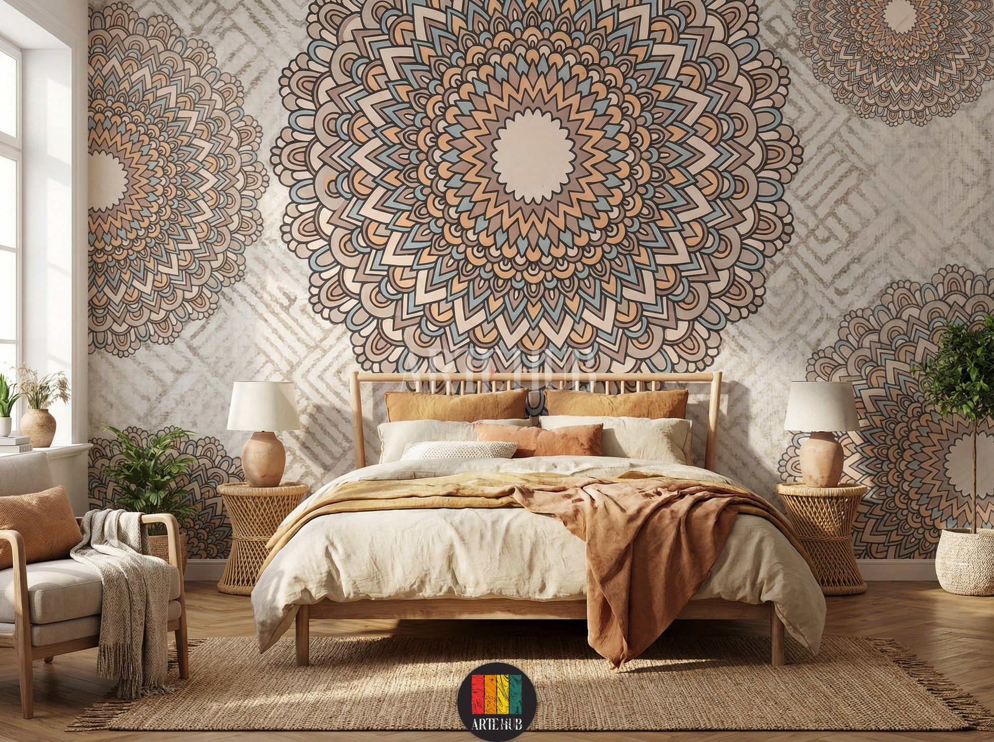 A serene bedroom with a large, earthy-toned bohemian mandala wallpaper on the main wall, featuring intricate patterns in beige, brown, and light blue, enhancing modern Egyptian home decor.
غرفة نوم هادئة مزينة بورق حائط ماندالا بوهيمي بألوان ترابية على الجدار الرئيسي، يظهر تصميمًا معقدًا بألوان البيج والبني والأزرق الفاتح، لإضفاء لمسة ديكور مصرية عصرية.
room: bedroom
