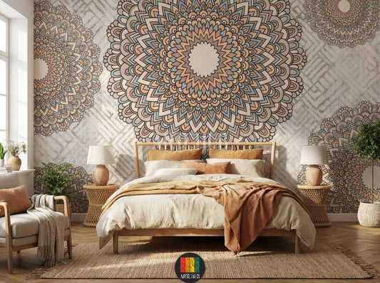 A serene bedroom with a large, earthy-toned bohemian mandala wallpaper on the main wall, featuring intricate patterns in beige, brown, and light blue, enhancing modern Egyptian home decor.
غرفة نوم هادئة مزينة بورق حائط ماندالا بوهيمي بألوان ترابية على الجدار الرئيسي، يظهر تصميمًا معقدًا بألوان البيج والبني والأزرق الفاتح، لإضفاء لمسة ديكور مصرية عصرية.
room: bedroom