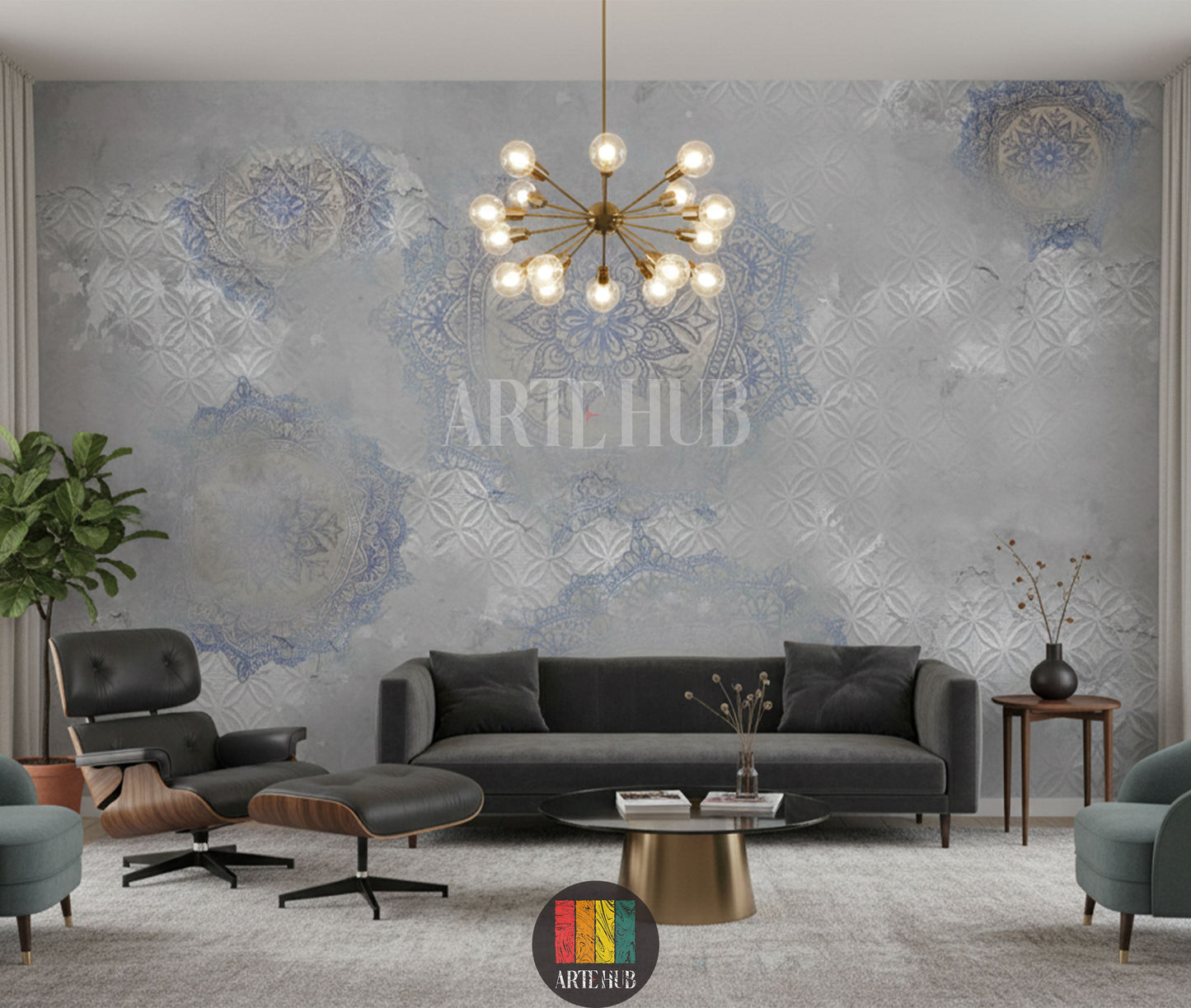 Grey wallpaper featuring subtle embossed geometric patterns and faded blue mandala designs in a modern living room in Egypt. Includes a black sofa, armchair, and gold chandelier, perfect for contemporary Egyptian home decor.
ورق حائط رمادي بتصميم ماندالا أزرق ونقوش بارزة في غرفة معيشة عصرية بمصر. يظهر أريكة سوداء، كرسي بذراعين، وثريا ذهبية، مناسب لديكورات المنازل الحديثة في مصر.
room: living room