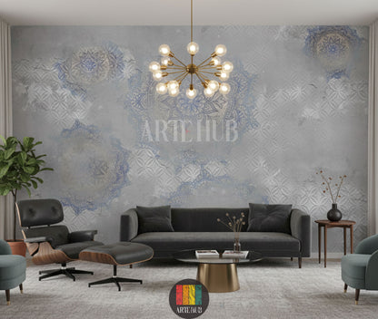 Grey wallpaper featuring subtle embossed geometric patterns and faded blue mandala designs in a modern living room in Egypt. Includes a black sofa, armchair, and gold chandelier, perfect for contemporary Egyptian home decor.
ورق حائط رمادي بتصميم ماندالا أزرق ونقوش بارزة في غرفة معيشة عصرية بمصر. يظهر أريكة سوداء، كرسي بذراعين، وثريا ذهبية، مناسب لديكورات المنازل الحديثة في مصر.
room: living room