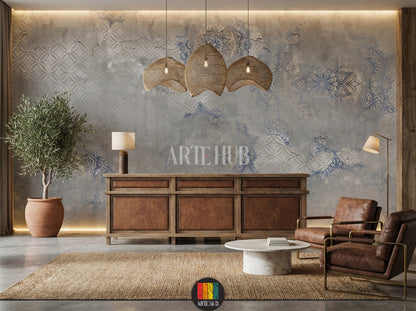 Grey wallpaper featuring subtle embossed geometric patterns and faded blue mandala designs in a modern lobby in Egypt. Includes a black sofa, armchair, and gold chandelier, perfect for contemporary Egyptian home decor.
ورق حائط رمادي بتصميم ماندالا أزرق ونقوش بارزة في ريسيبشن فندق بمصر. يظهر أريكة سوداء، كرسي بذراعين، وثريا ذهبية، مناسب لديكورات المنازل الحديثة في مصر.
room: lobby
