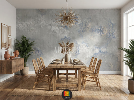 Grey wallpaper featuring subtle embossed geometric patterns and faded blue mandala designs in a modern dining room in Egypt. Includes a black sofa, armchair, and gold chandelier, perfect for contemporary Egyptian home decor.
ورق حائط رمادي بتصميم ماندالا أزرق ونقوش بارزة في غرفة طعام عصرية بمصر. يظهر أريكة سوداء، كرسي بذراعين، وثريا ذهبية، مناسب لديكورات المنازل الحديثة في مصر.
room: dining room