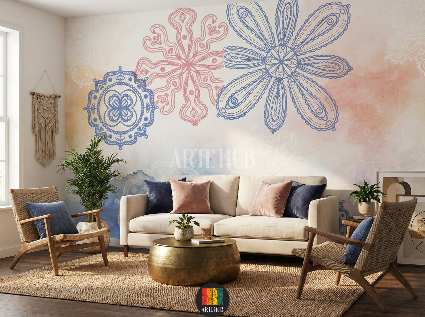 A cozy living room features a large decorative wallpaper with blue and pink mandala-style floral patterns and watercolor washes. A wooden dining table is set with ceramics, surrounded by blue and beige chairs. A woven pendant light hangs above. Ideal for contemporary home decor in Egypt.
غرفة معيشة دافئة مع ورق حائط مزخرف بنقوش ماندالا زهرية باللونين الأزرق والوردي، وخلفية مائية. طاولة طعام خشبية مجهزة بأطباق خزفية وكراسي باللونين الأزرق والبيج. إضاءة معلقة من الخيزران.
room: living room
