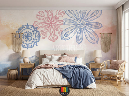 A cozy  bedroom features a large decorative wallpaper with blue and pink mandala-style floral patterns and watercolor washes. A wooden table is set with ceramics, surrounded by blue and beige chairs. A woven pendant light hangs above. Ideal for contemporary home decor in Egypt.
غرفة نوم دافئة مع ورق حائط مزخرف بنقوش ماندالا زهرية باللونين الأزرق والوردي، وخلفية مائية. طاولة طعام خشبية مجهزة بأطباق خزفية وكراسي باللونين الأزرق والبيج. إضاءة معلقة من الخيزران. مثالي لديكور 
room: bedroom