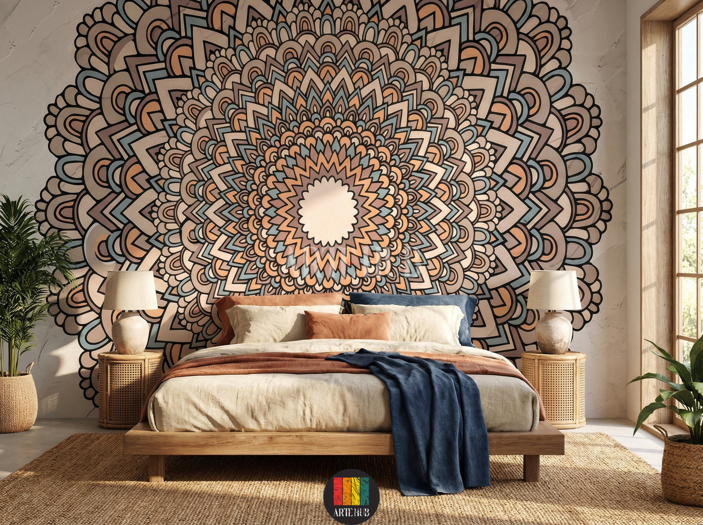 A vibrant, intricate Mandala pattern wallpaper adorning a bedroom wall in an Egyptian home, featuring a beige sofa, wooden coffee table, and natural light from a window. Perfect for bohemian or modern Egyptian decor.
ورق حائط بتصميم ماندالا حيوي وملون يغطي جدار غرفة نوم أنيقة في منزل مصري، مع أريكة بيج وطاولة قهوة خشبية وشباك خشبي. مثالي لديكورات مصرية عصرية.
room: bedroom