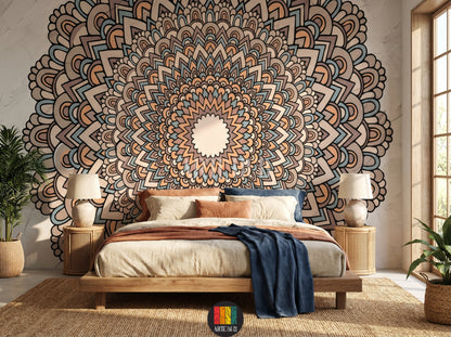 A vibrant, intricate Mandala pattern wallpaper adorning a bedroom wall in an Egyptian home, featuring a beige sofa, wooden coffee table, and natural light from a window. Perfect for bohemian or modern Egyptian decor.
ورق حائط بتصميم ماندالا حيوي وملون يغطي جدار غرفة نوم أنيقة في منزل مصري، مع أريكة بيج وطاولة قهوة خشبية وشباك خشبي. مثالي لديكورات مصرية عصرية.
room: bedroom