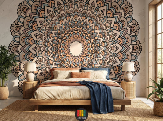 A vibrant, intricate Mandala pattern wallpaper adorning a bedroom wall in an Egyptian home, featuring a beige sofa, wooden coffee table, and natural light from a window. Perfect for bohemian or modern Egyptian decor.
ورق حائط بتصميم ماندالا حيوي وملون يغطي جدار غرفة نوم أنيقة في منزل مصري، مع أريكة بيج وطاولة قهوة خشبية وشباك خشبي. مثالي لديكورات مصرية عصرية.
room: bedroom