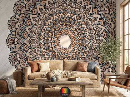 A vibrant, intricate Mandala pattern wallpaper adorning a living room wall in an Egyptian home, featuring a beige sofa, wooden coffee table, and natural light from a window. Perfect for bohemian or modern Egyptian decor.
ورق حائط بتصميم ماندالا حيوي وملون يغطي جدار غرفة معيشة أنيقة في منزل مصري، مع أريكة بيج وطاولة قهوة خشبية وشباك خشبي. مثالي لديكورات مصرية عصرية.
room: living room
