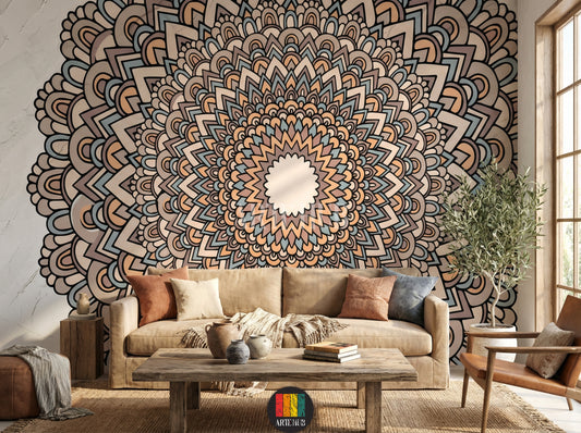 A vibrant, intricate Mandala pattern wallpaper adorning a living room wall in an Egyptian home, featuring a beige sofa, wooden coffee table, and natural light from a window. Perfect for bohemian or modern Egyptian decor.
ورق حائط بتصميم ماندالا حيوي وملون يغطي جدار غرفة معيشة أنيقة في منزل مصري، مع أريكة بيج وطاولة قهوة خشبية وشباك خشبي. مثالي لديكورات مصرية عصرية.
room: living room