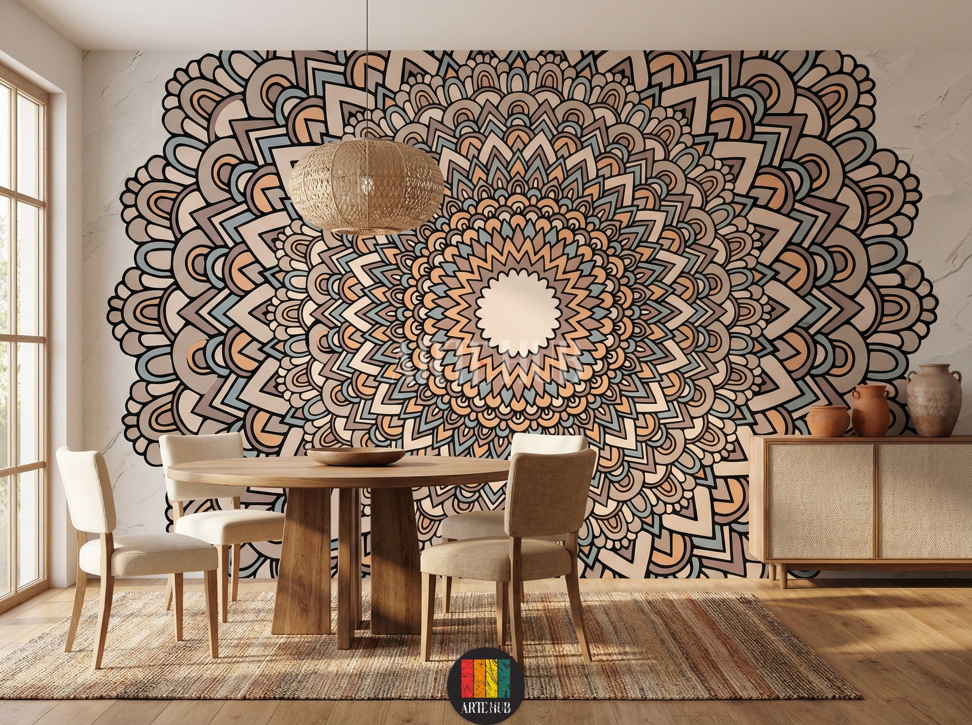 A vibrant, intricate Mandala pattern wallpaper adorning a dining room wall in an Egyptian home, featuring a beige sofa, wooden coffee table, and natural light from a window. Perfect for bohemian or modern Egyptian decor.
ورق حائط بتصميم ماندالا حيوي وملون يغطي جدار غرفة طعام أنيقة في منزل مصري، مع أريكة بيج وطاولة قهوة خشبية وشباك خشبي. مثالي لديكورات مصرية عصرية.
room: dining room