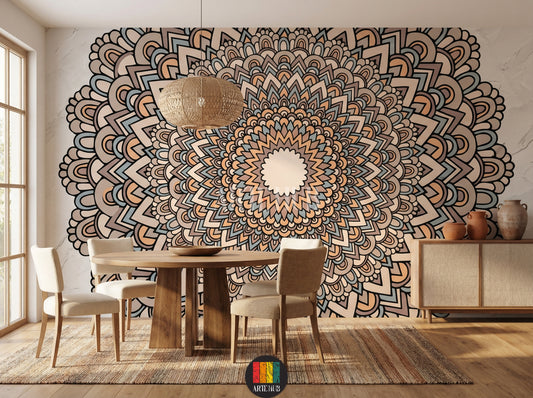 A vibrant, intricate Mandala pattern wallpaper adorning a dining room wall in an Egyptian home, featuring a beige sofa, wooden coffee table, and natural light from a window. Perfect for bohemian or modern Egyptian decor.
ورق حائط بتصميم ماندالا حيوي وملون يغطي جدار غرفة طعام أنيقة في منزل مصري، مع أريكة بيج وطاولة قهوة خشبية وشباك خشبي. مثالي لديكورات مصرية عصرية.
room: dining room