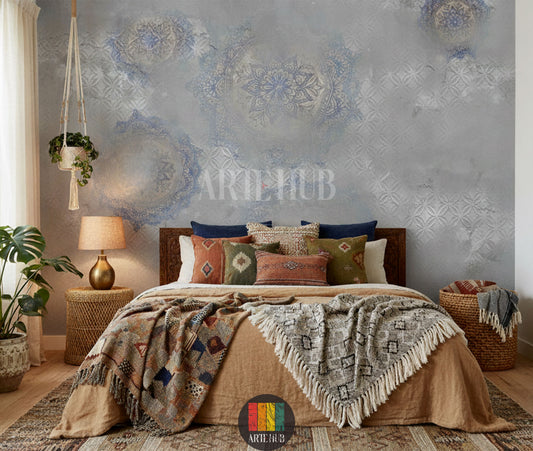 Grey wallpaper featuring subtle embossed geometric patterns and faded blue mandala designs in a modern bedroom in Egypt. Includes a black sofa, armchair, and gold chandelier, perfect for contemporary Egyptian home decor.
ورق حائط رمادي بتصميم ماندالا أزرق ونقوش بارزة في غرفة نوم عصرية بمصر. يظهر أريكة سوداء، كرسي بذراعين، وثريا ذهبية، مناسب لديكورات المنازل الحديثة في مصر.
room: bedroom