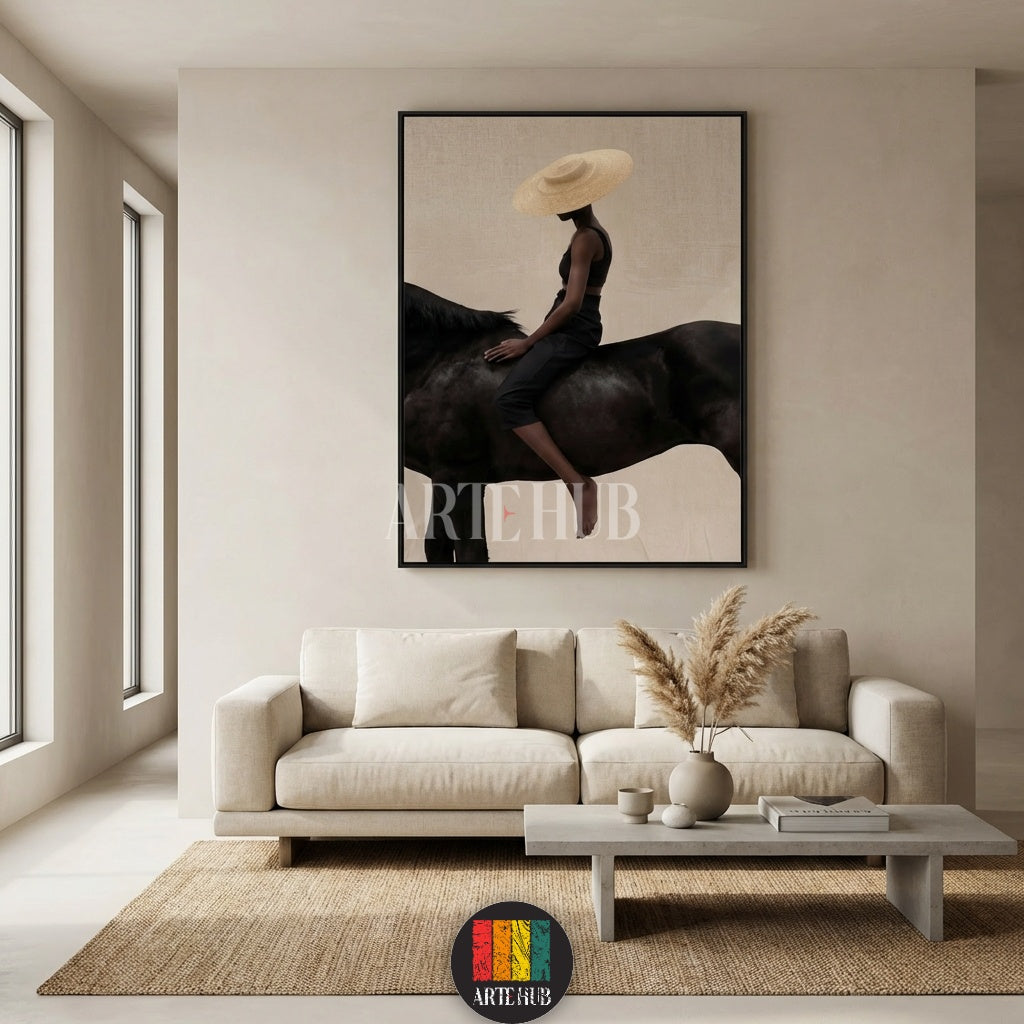  A minimalist modern canvas from Artehub featuring a woman in a straw hat riding a black horse, perfect for wall art in Egypt and contemporary home decor.

 تابلوه كانفاس مودرن من Artehub يصور امرأة ترتدي قبعة تركب حصاناً أسود، مثالي لديكور الحائط في مصر ولمحبي الخيل.