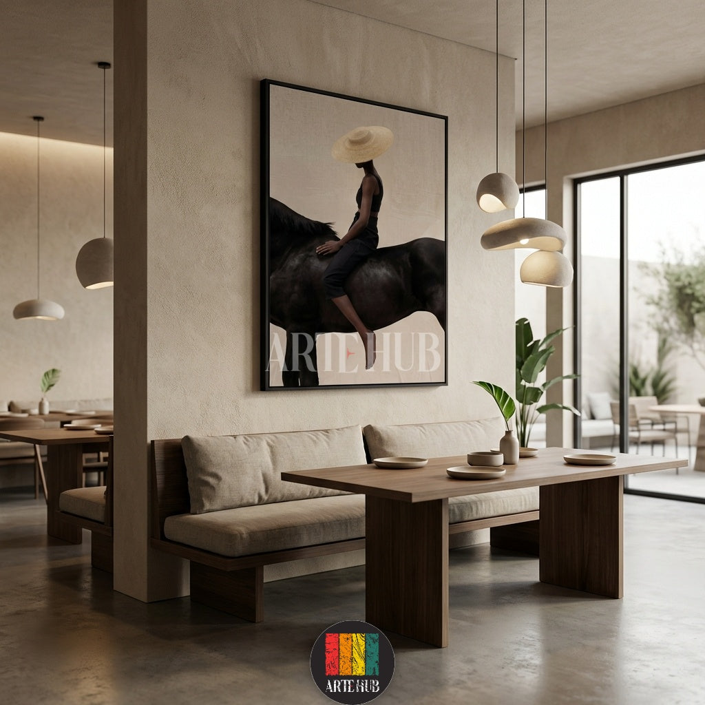  A minimalist modern canvas from Artehub featuring a woman in a straw hat riding a black horse, perfect for wall art in Egypt and contemporary home decor.

 تابلوه كانفاس مودرن من Artehub يصور امرأة ترتدي قبعة تركب حصاناً أسود، مثالي لديكور الحائط في مصر ولمحبي الخيل.