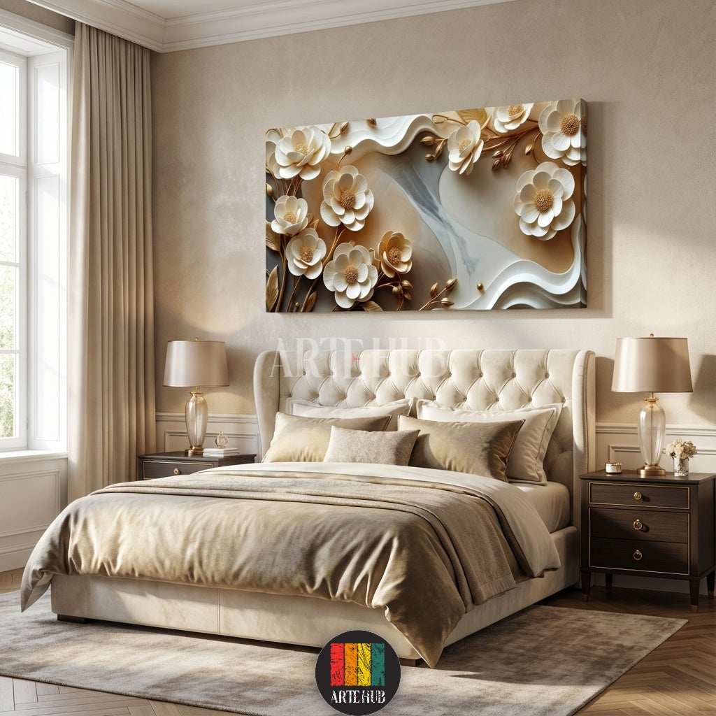 A luxurious 3D white and gold floral canvas print for wall decor in a modern Egyptian home by Artehub. Elegant wall art in Egypt.

لوحة كانفاس مودرن ورد ثلاثي الأبعاد أبيض وذهبي لديكور حوائط منزلك في مصر من Artehub. تابلوهات مودرن فخمة.