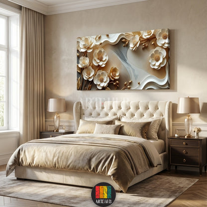 A luxurious 3D white and gold floral canvas print for wall decor in a modern Egyptian home by Artehub. Elegant wall art in Egypt.

لوحة كانفاس مودرن ورد ثلاثي الأبعاد أبيض وذهبي لديكور حوائط منزلك في مصر من Artehub. تابلوهات مودرن فخمة.