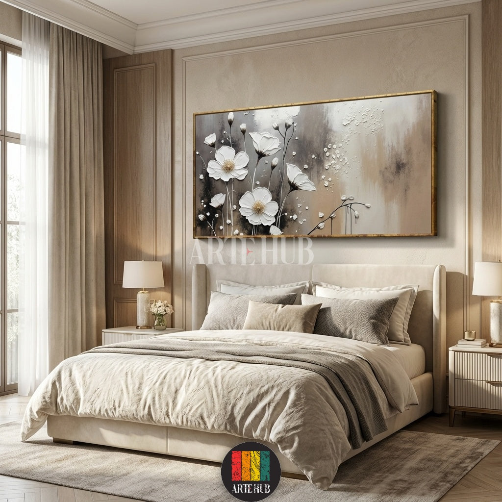 A panoramic canvas featuring white 3D textured flowers on a neutral background, framed for luxury wall art in Egypt by Artehub.

 لوحة كانفاس بانورامية لزهور بيضاء بارزة بتصميم ثلاثي الأبعاد، ديكور حائط فاخر لغرف المعيشة في مصر من Artehub.